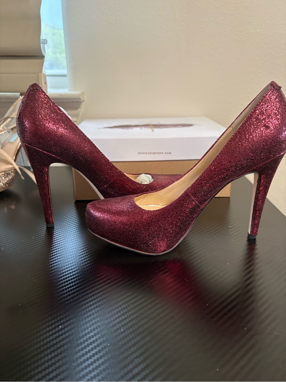 Jessica Simpson Metallic Burgundy Glitter Platform Pumps